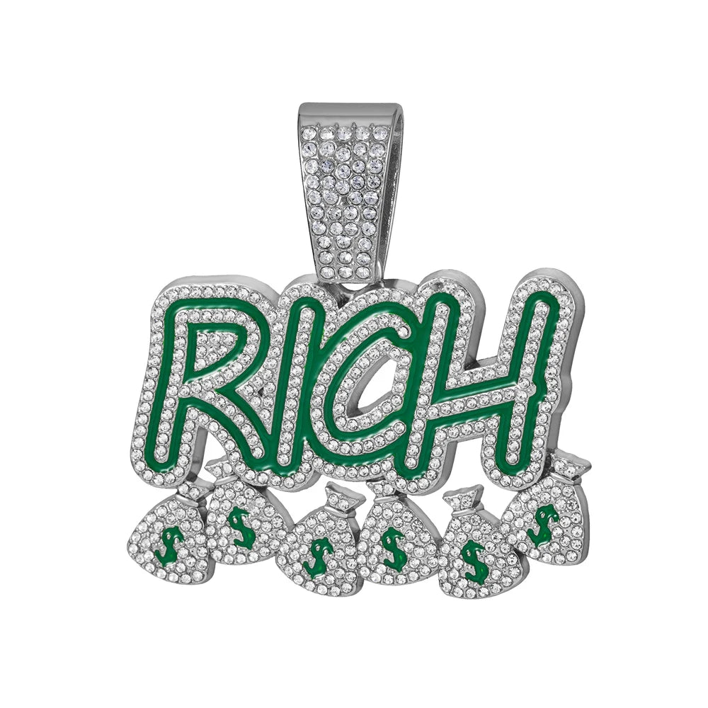 "Rich" Rhinestone Money Bag Pendant 13mm Miami Cuban Link Chain Necklace