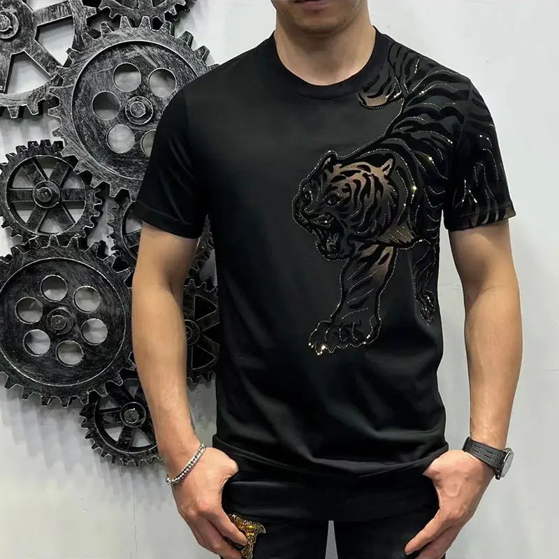 Men's Sequined 3D Tiger Loose Print O-Neck Short Sleeve T-Shirt