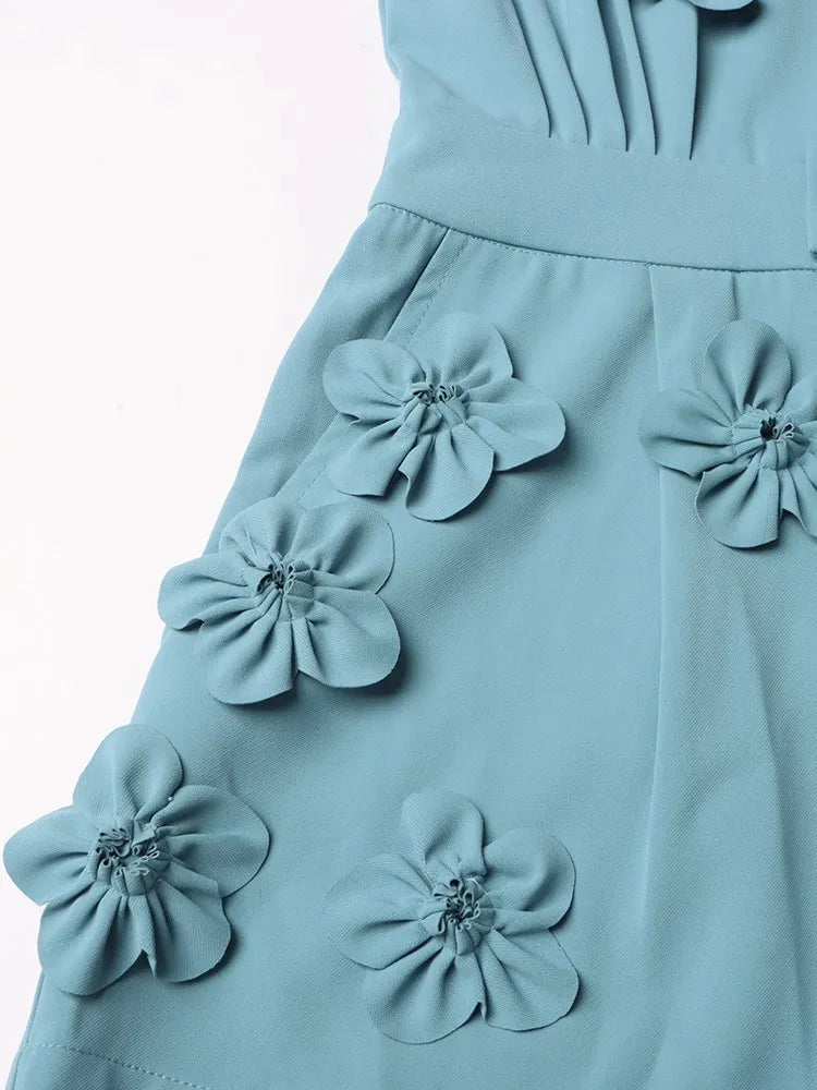 Baby Blue Flower Embellished Long Sleeve Turn-Down Collar High Waist Shorts Romper