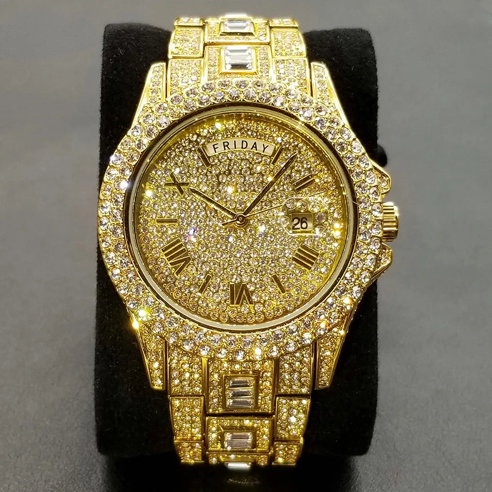 Iced Out Luxury Gold Full Diamond Hip Hop Waterproof Quartz Men's Watch