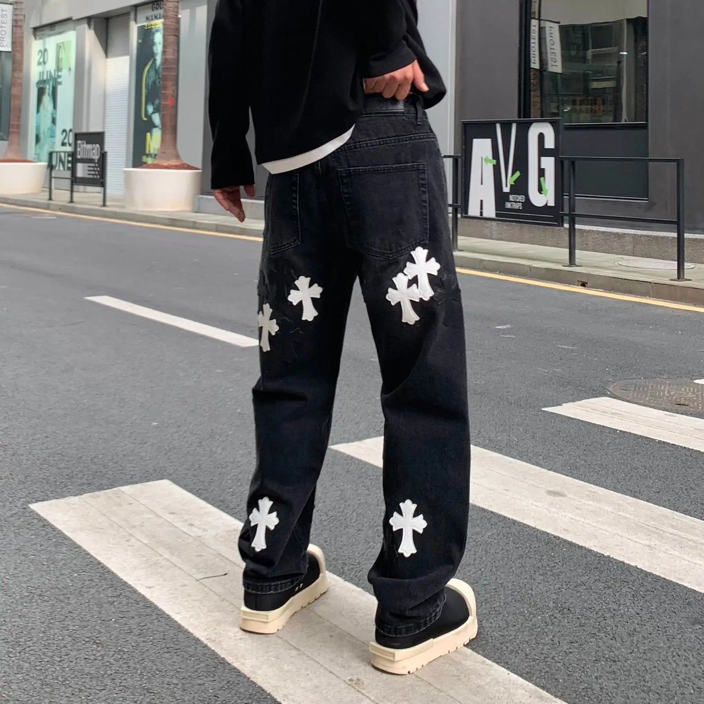 Men's Denim Black Cross Print Streetwear Mid-Rise Straight Leg Wide Leg Jeans