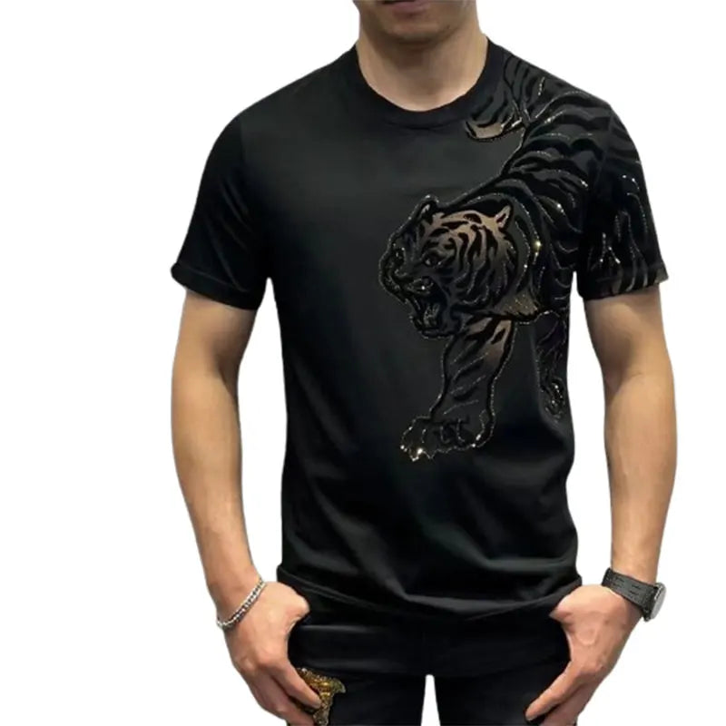 Men's Sequined 3D Tiger Loose Print O-Neck Short Sleeve T-Shirt
