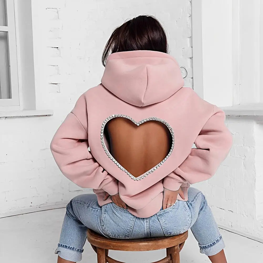 Heart Shape Ladies Backless Hollow-Out Rhinestone Pullover Solid Color Hoodie