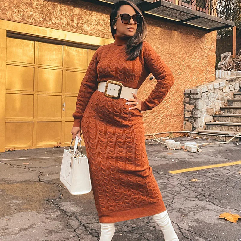 Turtleneck Knitted Weave Pattern Ribbed Sweater Long Sleeve Maxi Dress w/ Belt