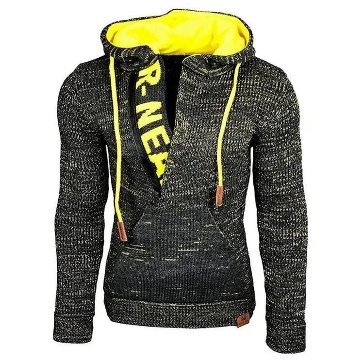 Men's Colorblock Wool Hip-Hop Patchwork Letter Print Drawstring High Neck Long Sleeve Knitted Pullover Pocketed Hoodie Sweater