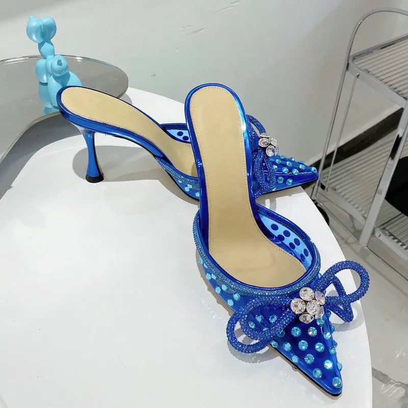 Crystal Butterfly Knot Ankle Strap Women's Pointed Toe Mule Slipper Sandal Pumps