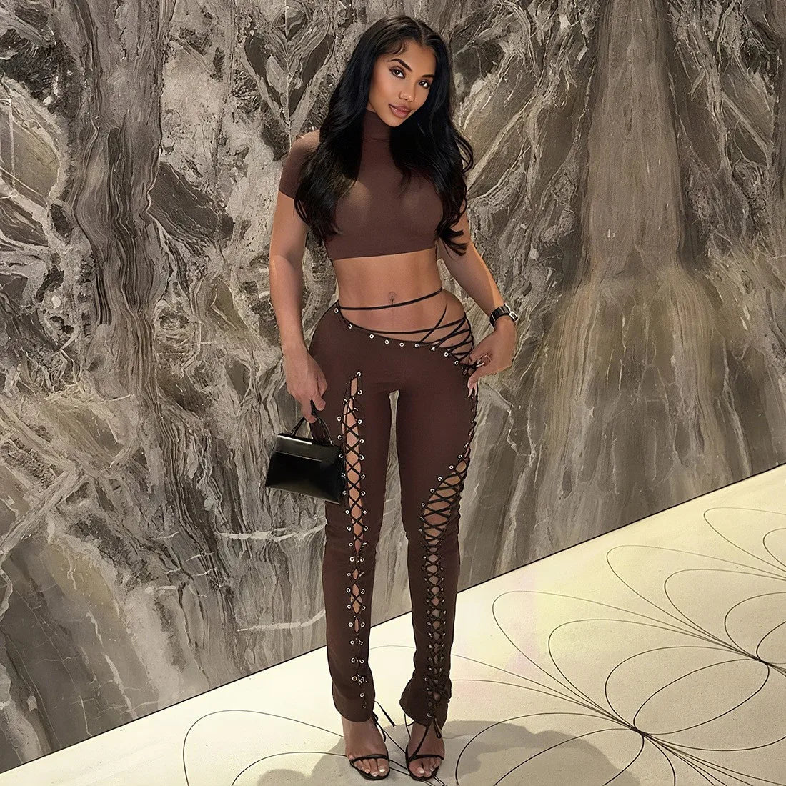 Sexy Women's Sleeveless Crop Tank Top + Criss-Cross Lace-Up Hollow-Out Bandage Leggings 2-Piece Set