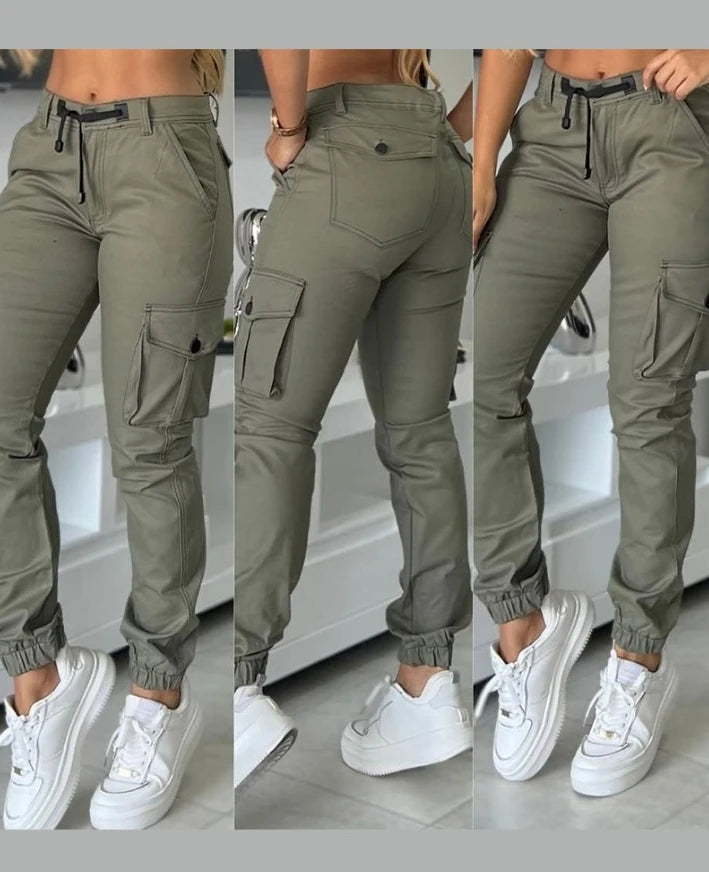 Olive Color Elastic High Waist Women's Multi-Pocket Design Cuffed Cargo Skinny Pants