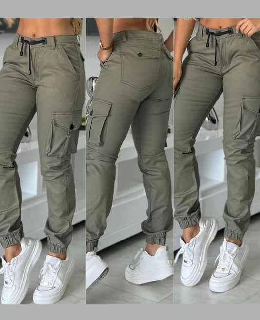 Olive Color Elastic High Waist Women's Multi-Pocket Design Cuffed Cargo Skinny Pants