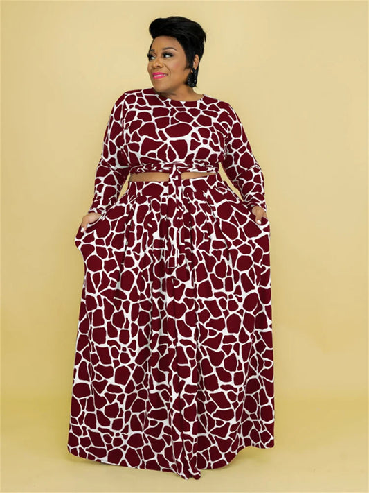 Geometric Print Women's Top Long Sleeve + Big Swing Maxi Skirt 2-Piece Set to 5X Plus Size