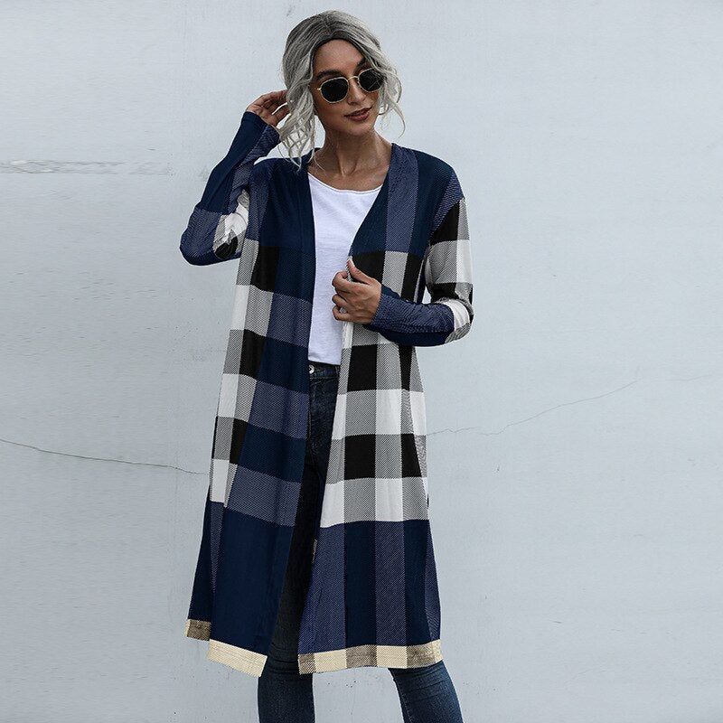 Checkered Plaid Ladies Maxi Cardigan