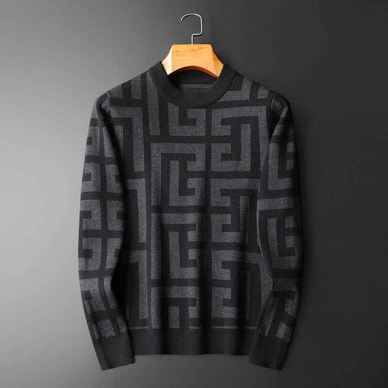 Men's Wool Geometric Colorblock Monogram Print Long Sleeve Computer Knitted O-Collar Sweater
