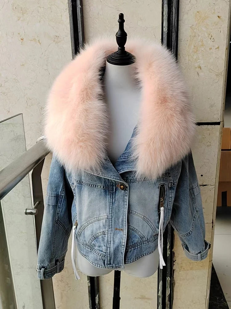 Denim Oversized 100% Real Fox Fur Collar Short Women's Goose Down Puffer Jean Jacket