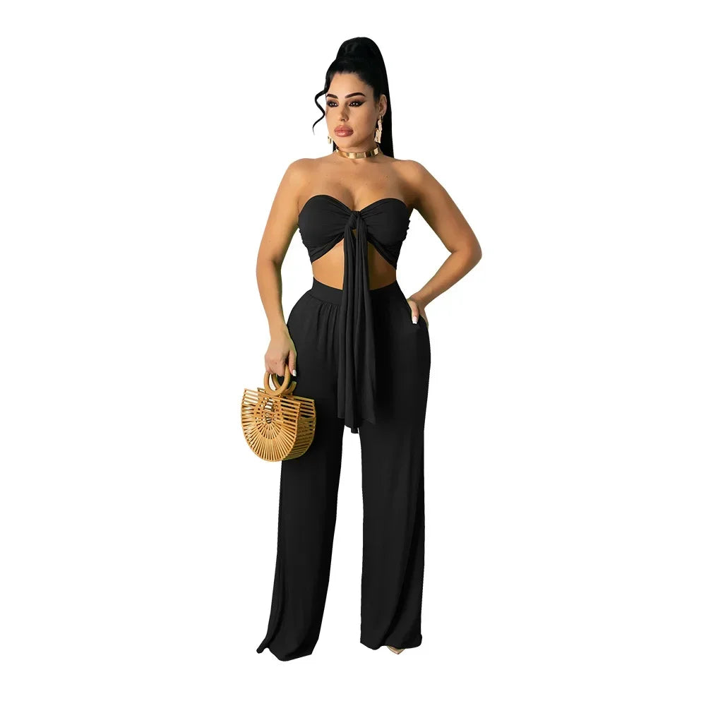 Strapless Hollow-Out  Hatler Neck Crop Top + Leggings Bodycon Solid Color Women's 2-Piece Set