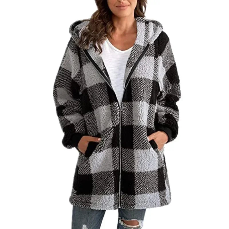 Plaid Long Sleeve Hooded Women's Loose Fit Pocketed Zipper Jacket