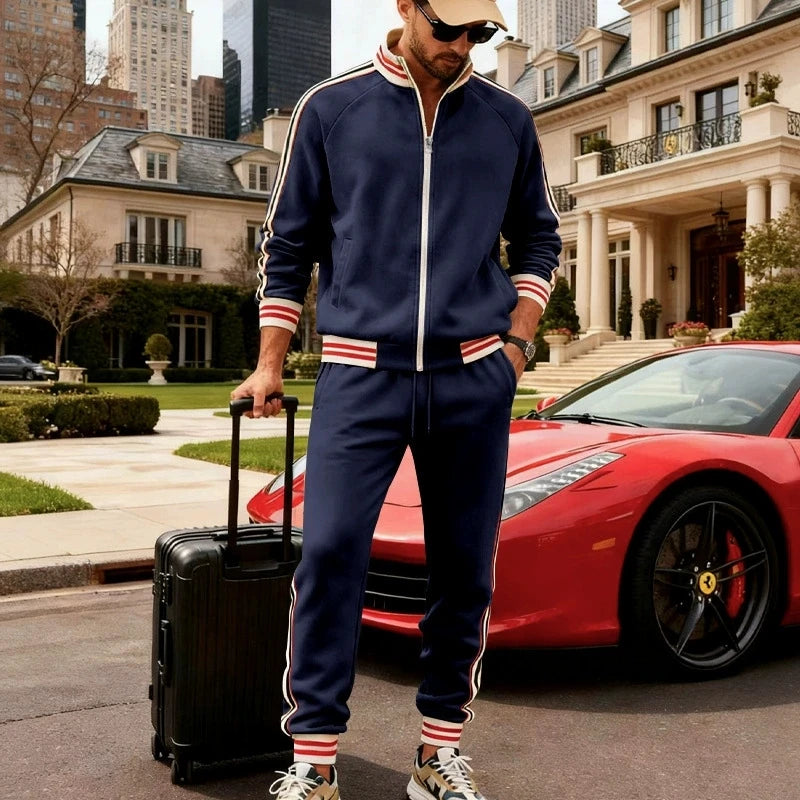 Men's Fleece Lined Heated Zipper Long Sleeve O-Neck Bomber Sports Jacket + Jogger Sweatpants Tracksuit
