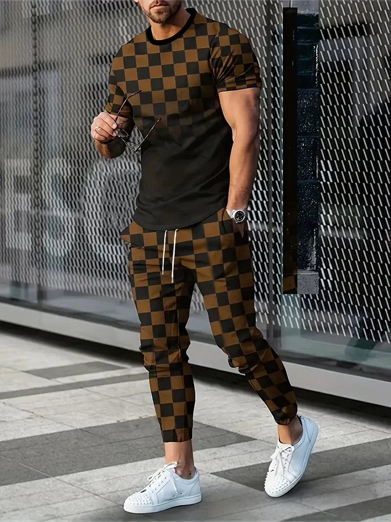 Men's Checkered Plaid Colorblock Print O-Neck T-Shirt + Drawstring Pants w/ Pockets 2-Piece Set