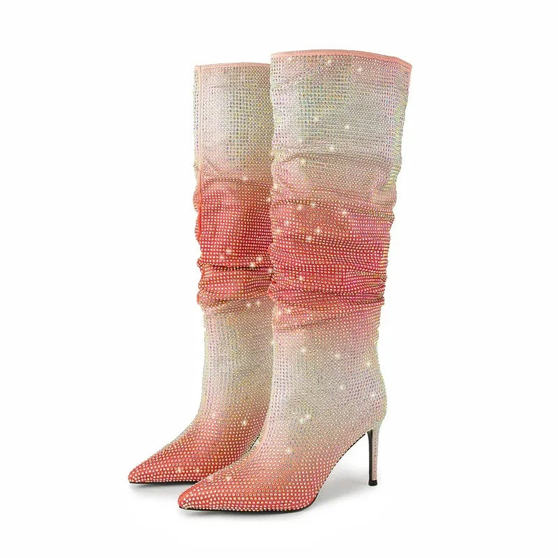 Gradient Rainbow Rhinestone Pleated Knee High Ruched Sleeve Boots