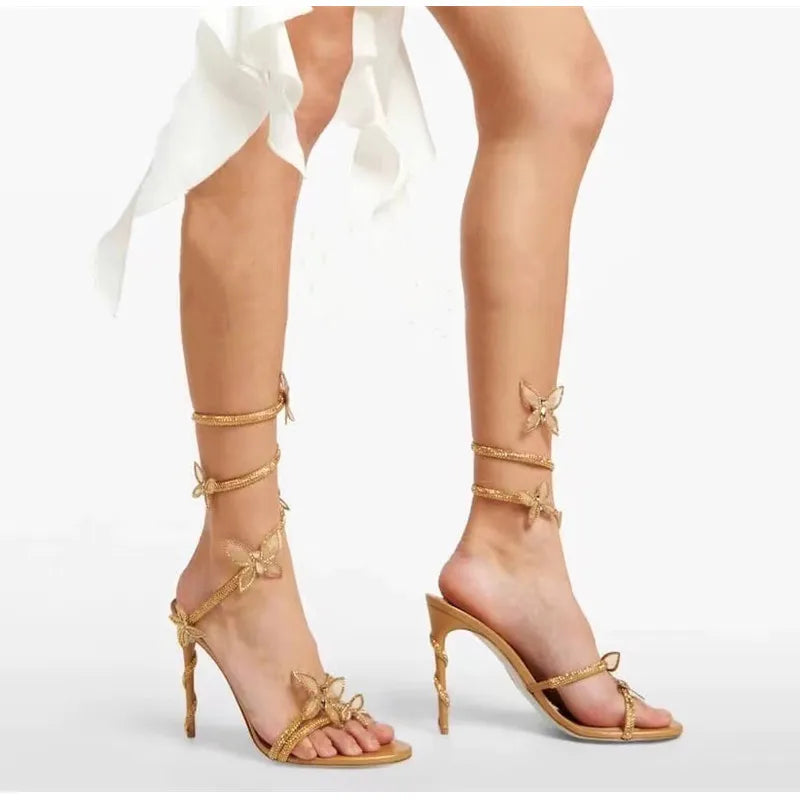 Crystal Butterfly Embellished Detail Spiral Coiled Band Strap High Heel Gladiator Sandal Pumps