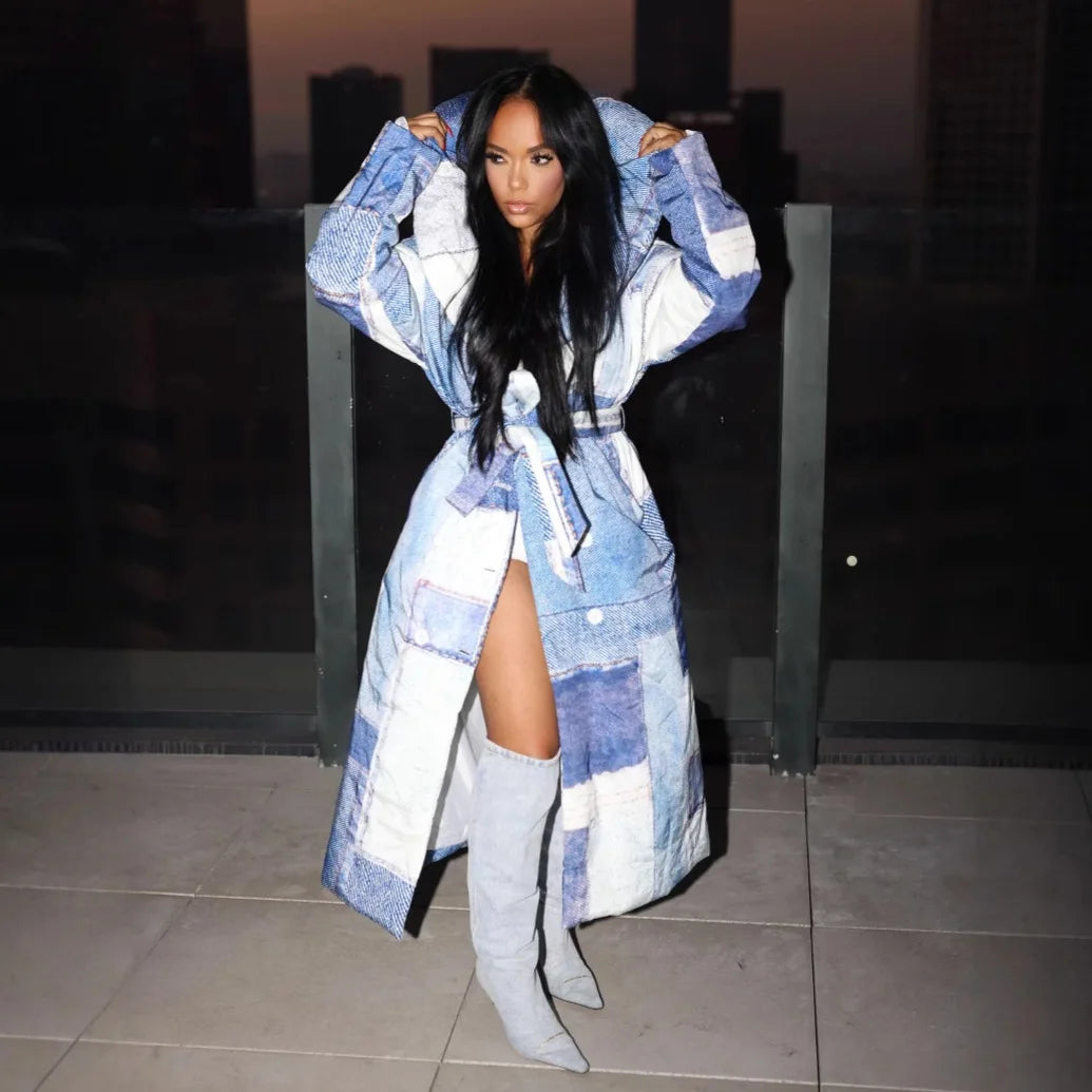 Denim Colorblock Checker Print Longline Padded Double Breasted Belted Streetwear Women's Trenchcoat
