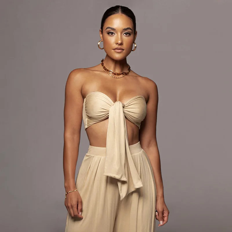 Sleeveless Bowknot Design Tube Top+ Wide Leg Pants Women's Solid Color 2-Piece Set