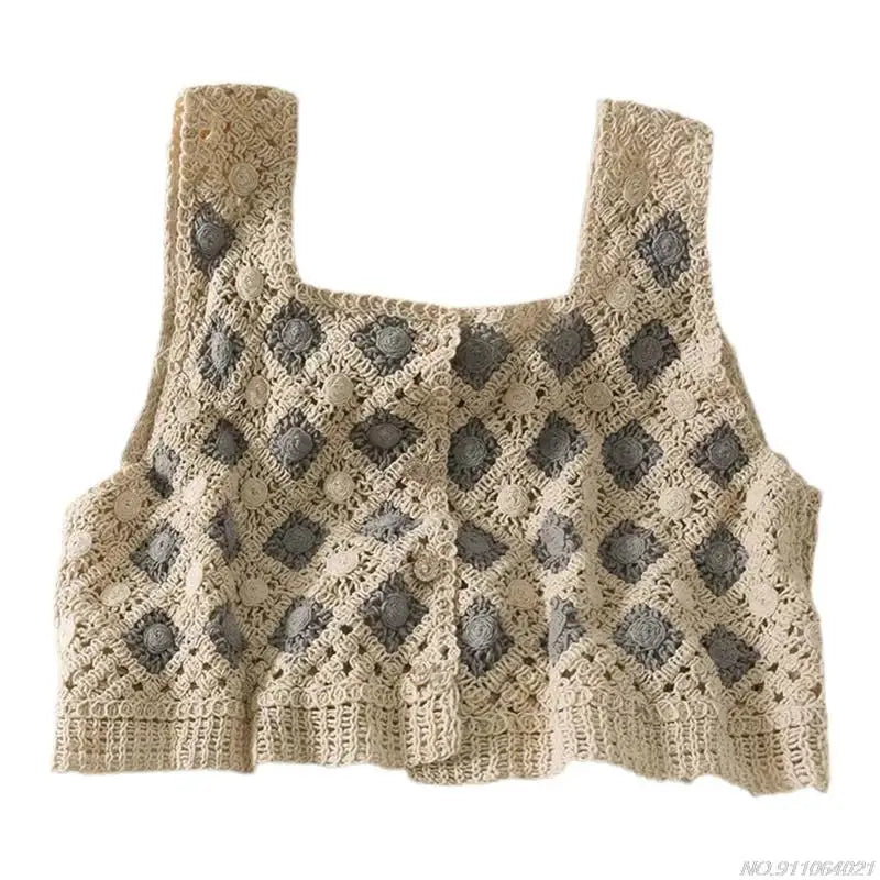 Crochet Multi-Colored Square Flower Design Knitted Square Neck Women's Sleeveless Cropped Tank Top