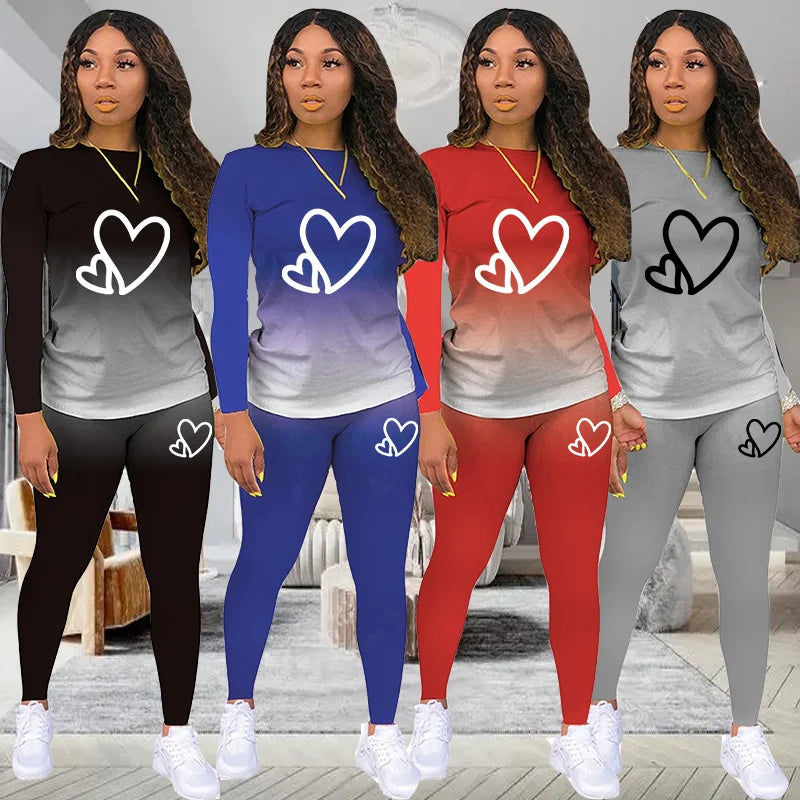 Gradient Colorblock Heart Print + Jogger Women's Sweatpants 2-Piece Set