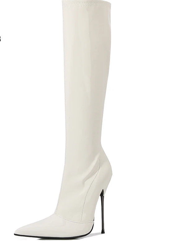 Patent Leather Solid Color Knee-High Pointed Toe Women's Ultra Thin Stiletto Metal Heel Wide Calf Boots