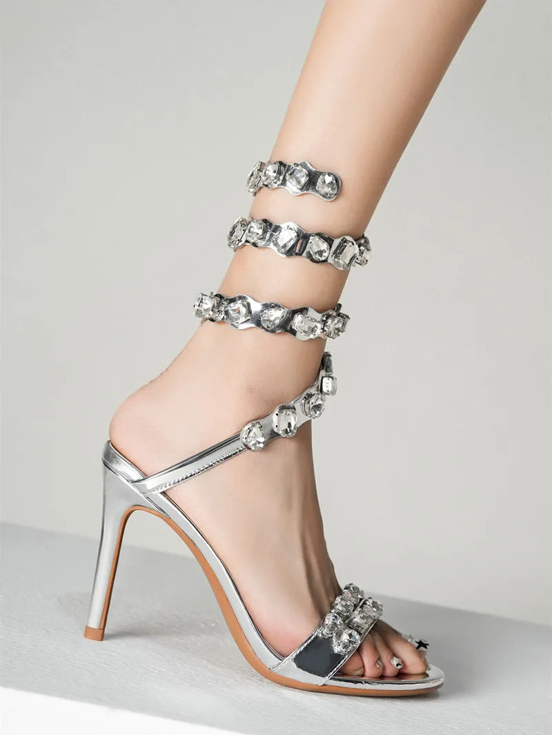 Rhinestone Crystal Embellished Spiral Band Stiletto Heel Gladiator Open Toe Sandal Pumps