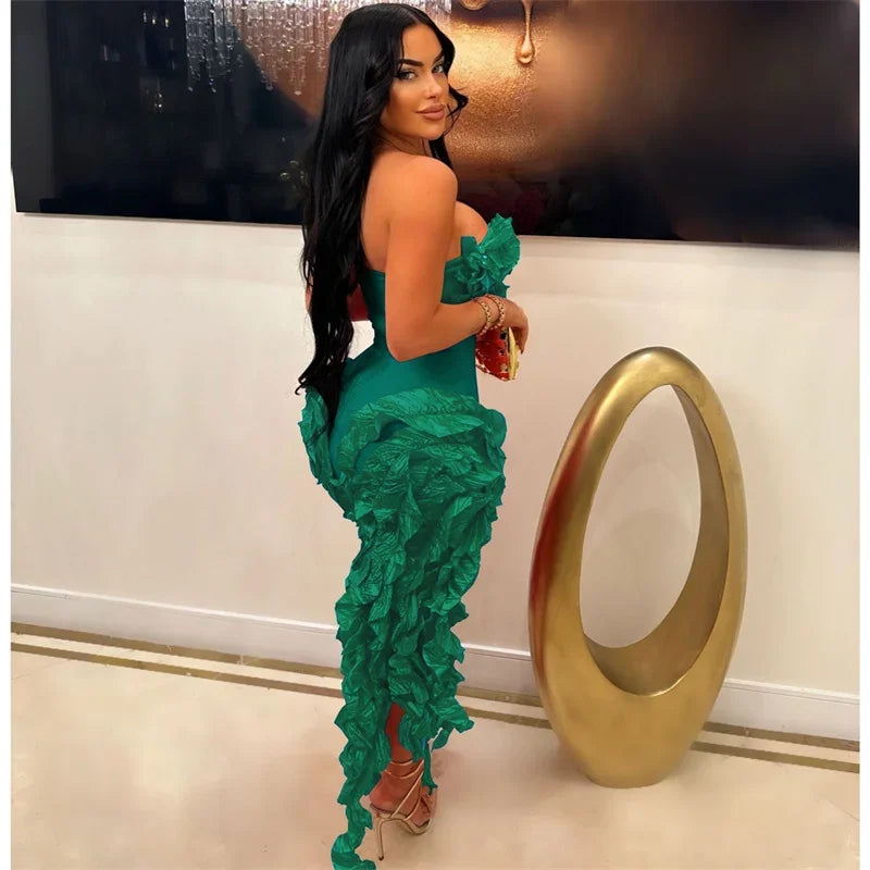 Sleeveless Floral Ruffled Tube Top Hanging Tassel Design Irregular Dress