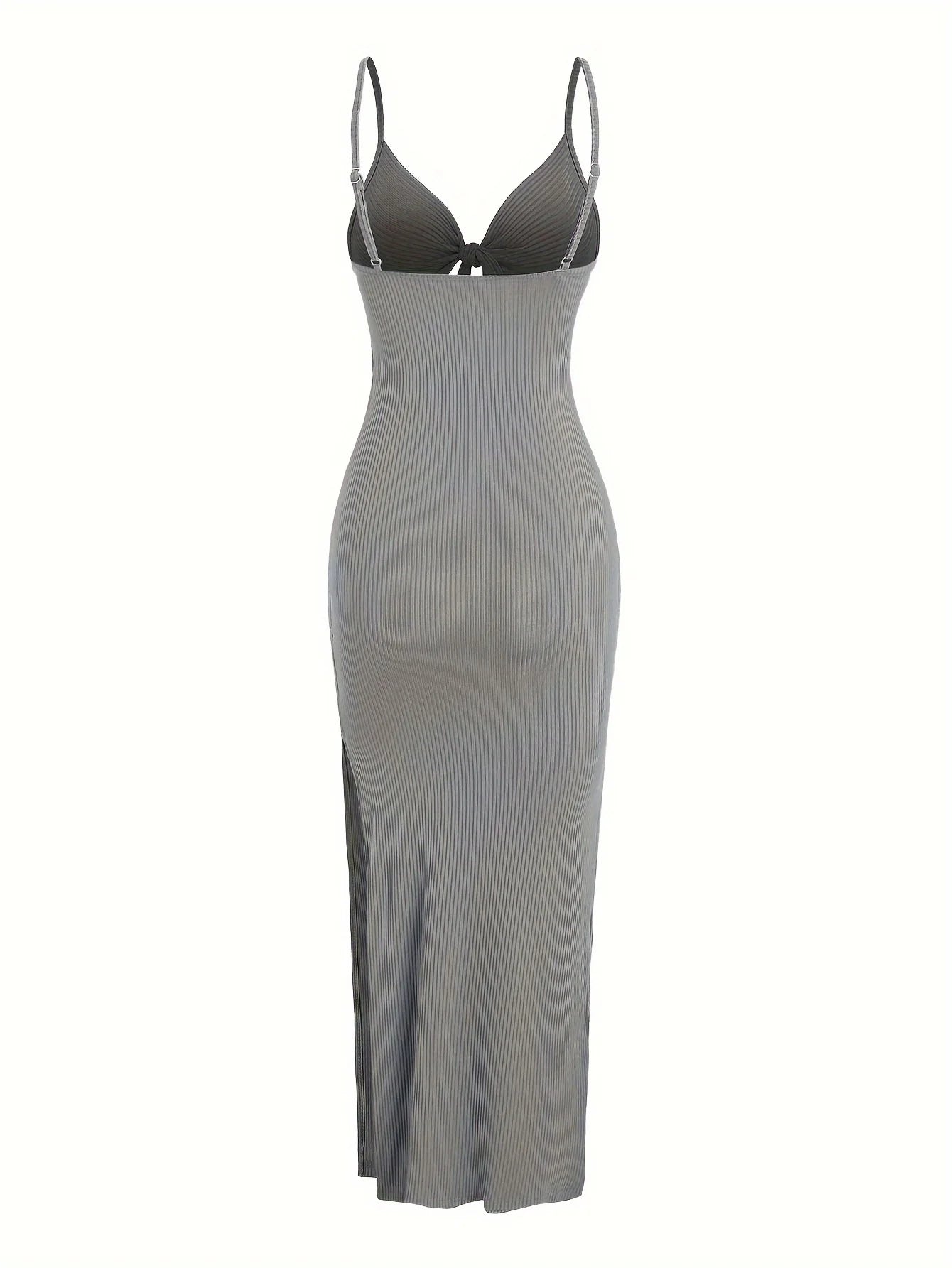 Ribbed Bowknot Design Spaghetti Strap V-Neck Knitted Sleeveless Solid Color High Slit Maxi Dress