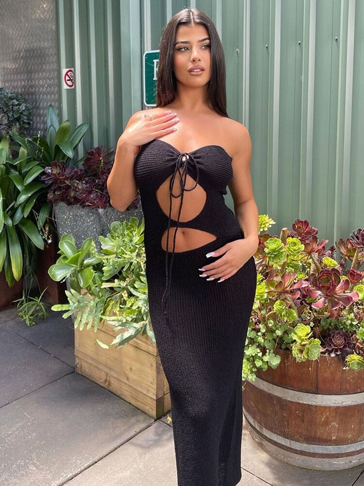 Hollow-Out Sleeveless Backless Bodycon Slit Midi Dress