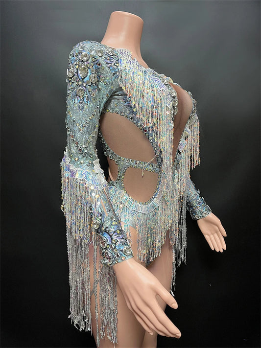 Sparkling Sequin Tassel Long Sleeve Bodysuit Performance Costume