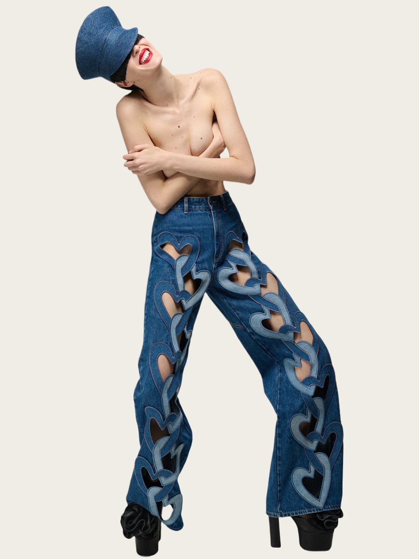 Denim Blue Heart Cut-Out Women's Streetwear Patchwork High Waist Loose Hollow-Out Designer Jeans