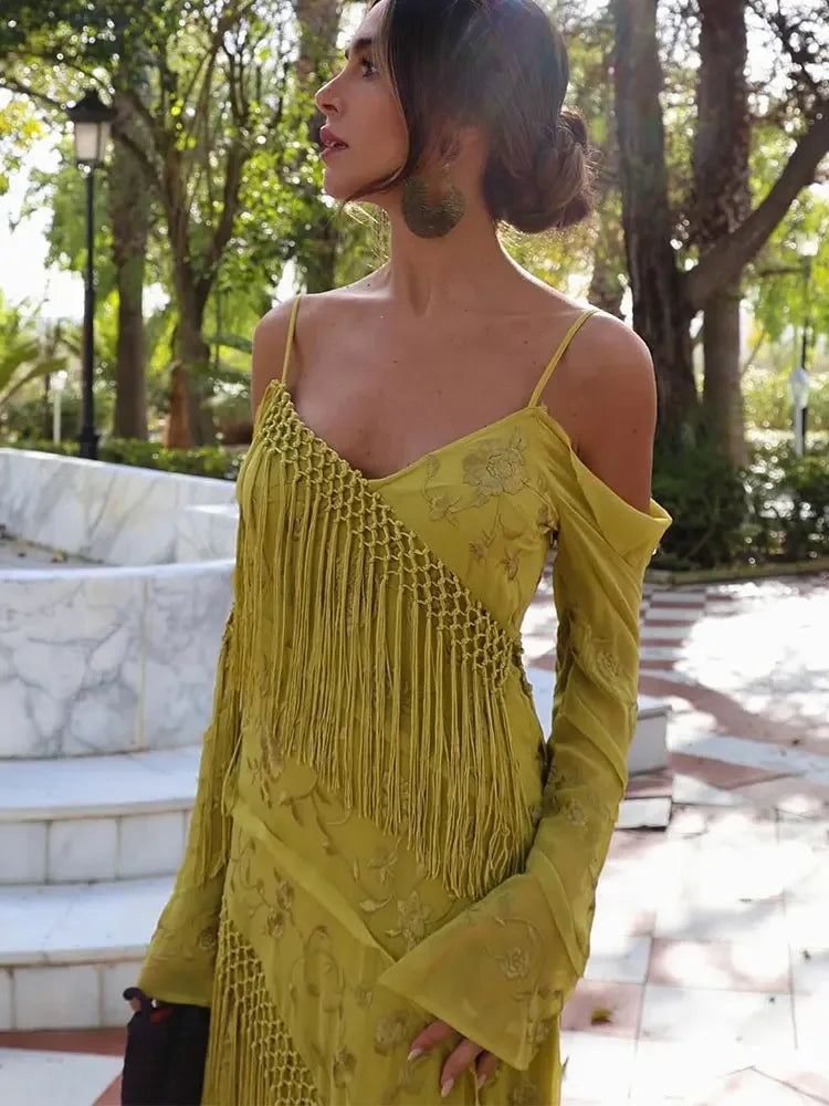 Olive Green Tassel Detail Spaghetti Strap Off-the-Shoulder Long-Sleeved Bodycon Party Formal Maxi Dress