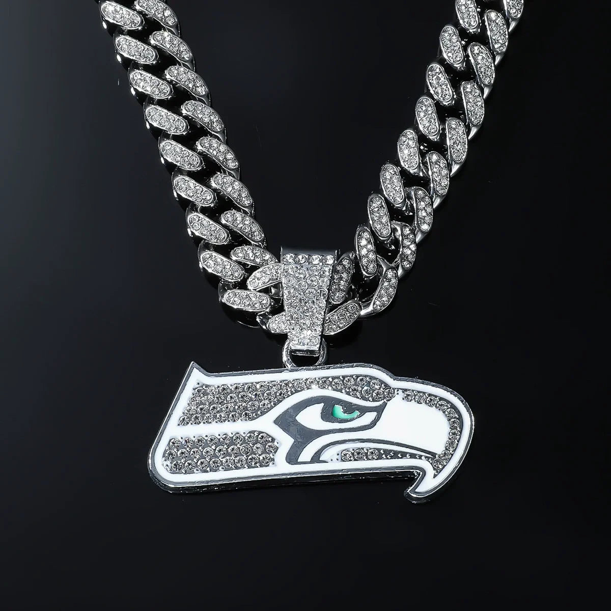 Seattle Seahawks Diamond Owl Pendant Alloy Cuban Link Hip-Hop Chain Necklace