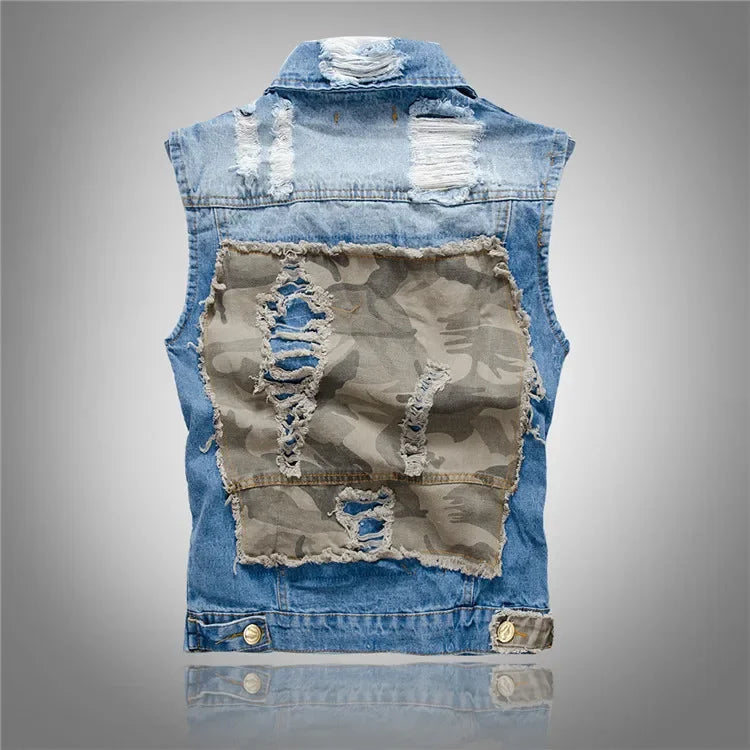 Men's Denim Ripped Skinny Punk Patchwork Sleeveless Button-Up Jean Vest