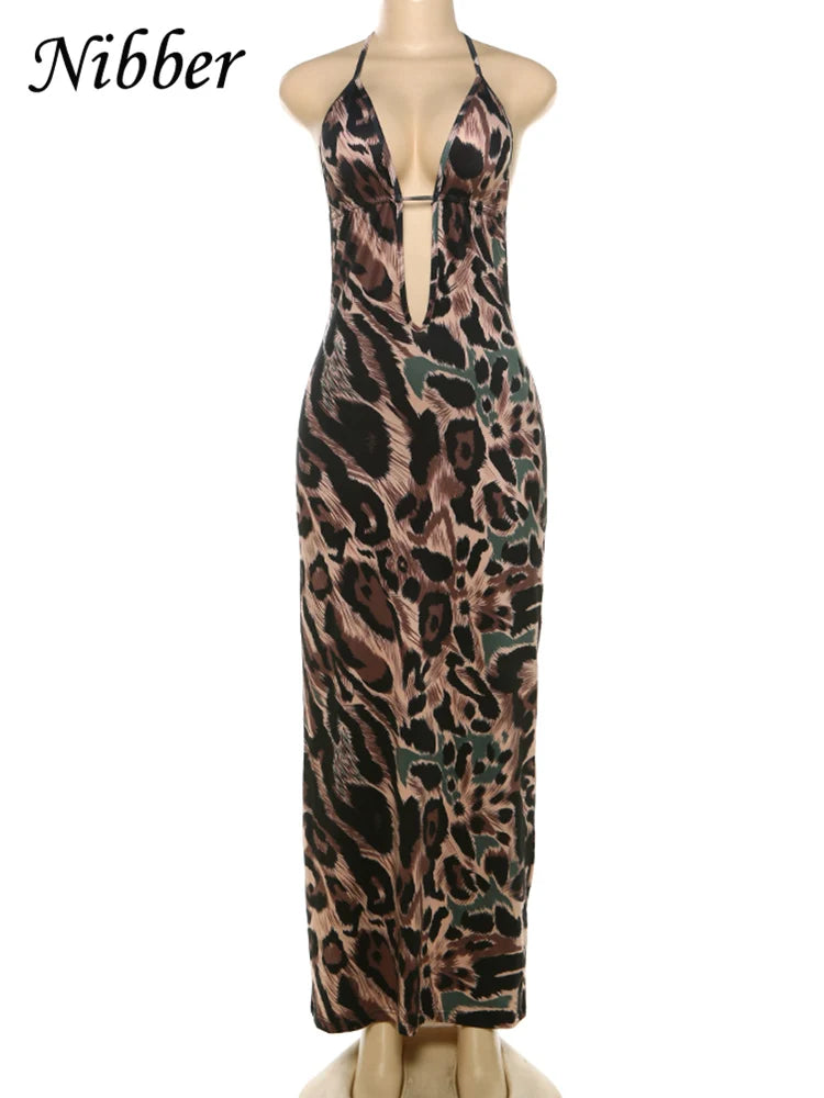 Leopard Print Backless Skinny Halter Neck Hollow-Out Skinny Maxi Dress