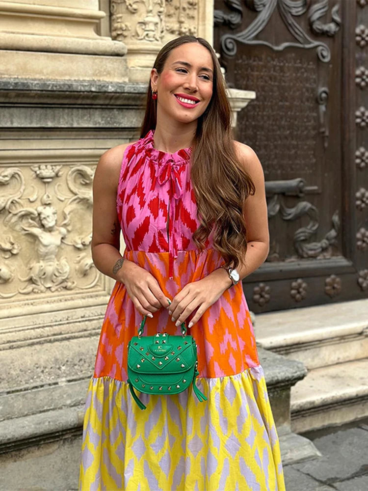 Geometric Colorblock Patchwork Printed Round Neck Sleeveless Big Swing Maxi Dress