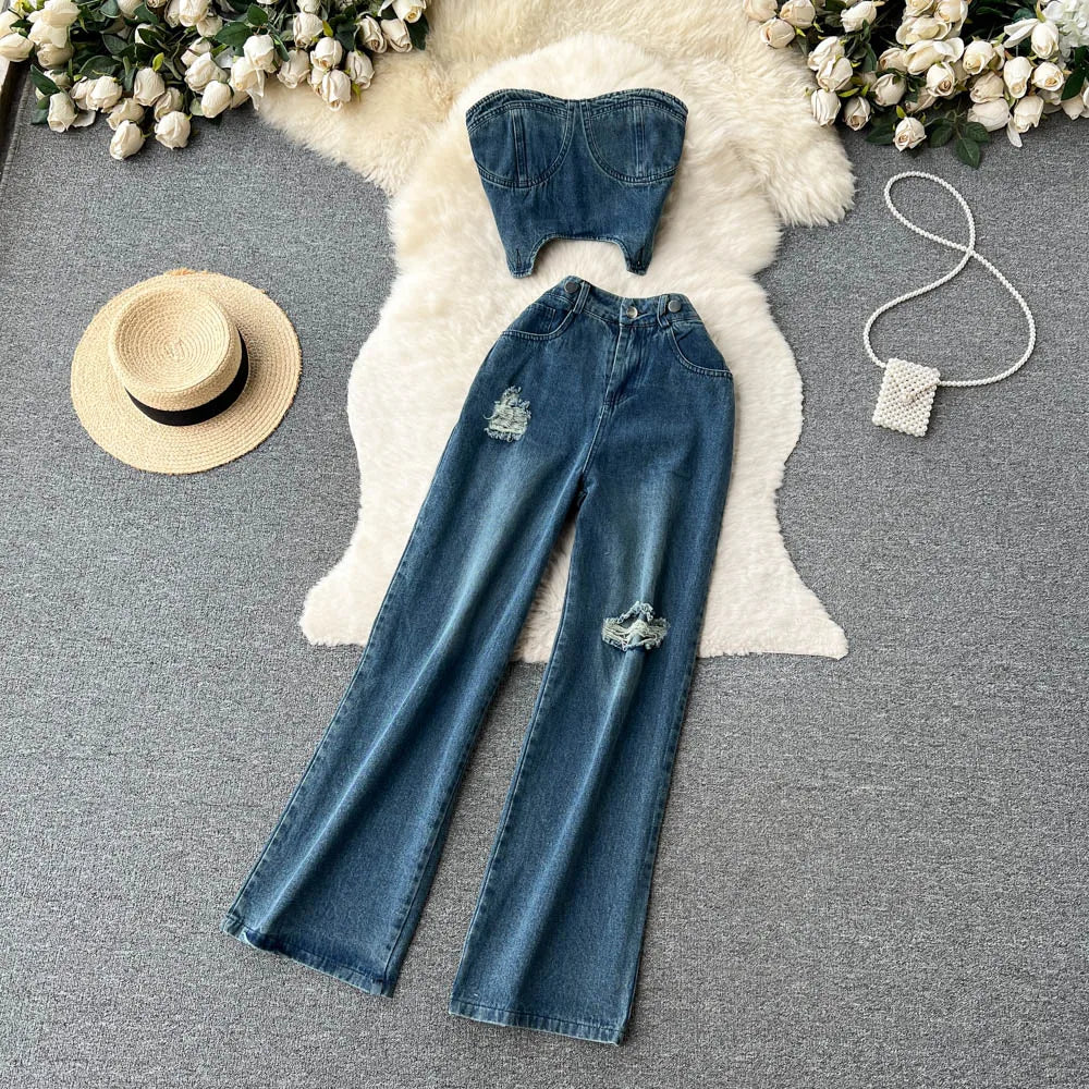 Denim Strapless Crop Tube Corset Top + Ripped Hole Wide Leg Jeans Ladies 2-Piece Sets