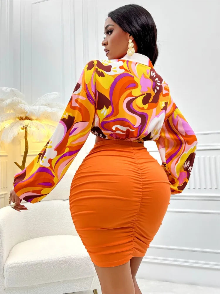 Geometric Swirl Print Long Lantern Sleeve Blouse + Orange Ruched Drawstring Skinny Mini Skirt 2-Piece Set