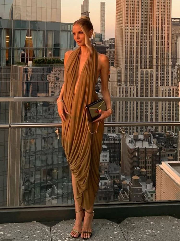 Brown Draped Sleeveless Backless Irregular Hem Solid Color Maxi Dress