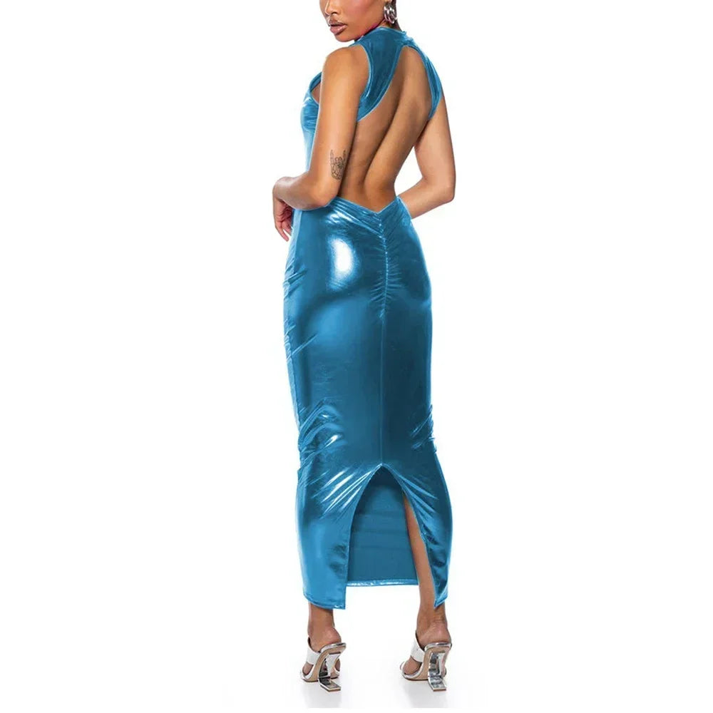 Shiny PU Leather Metallic Backless Sleeveless High Back Slit Bodycon Formal Maxi Party Dress to 3X Plus Size