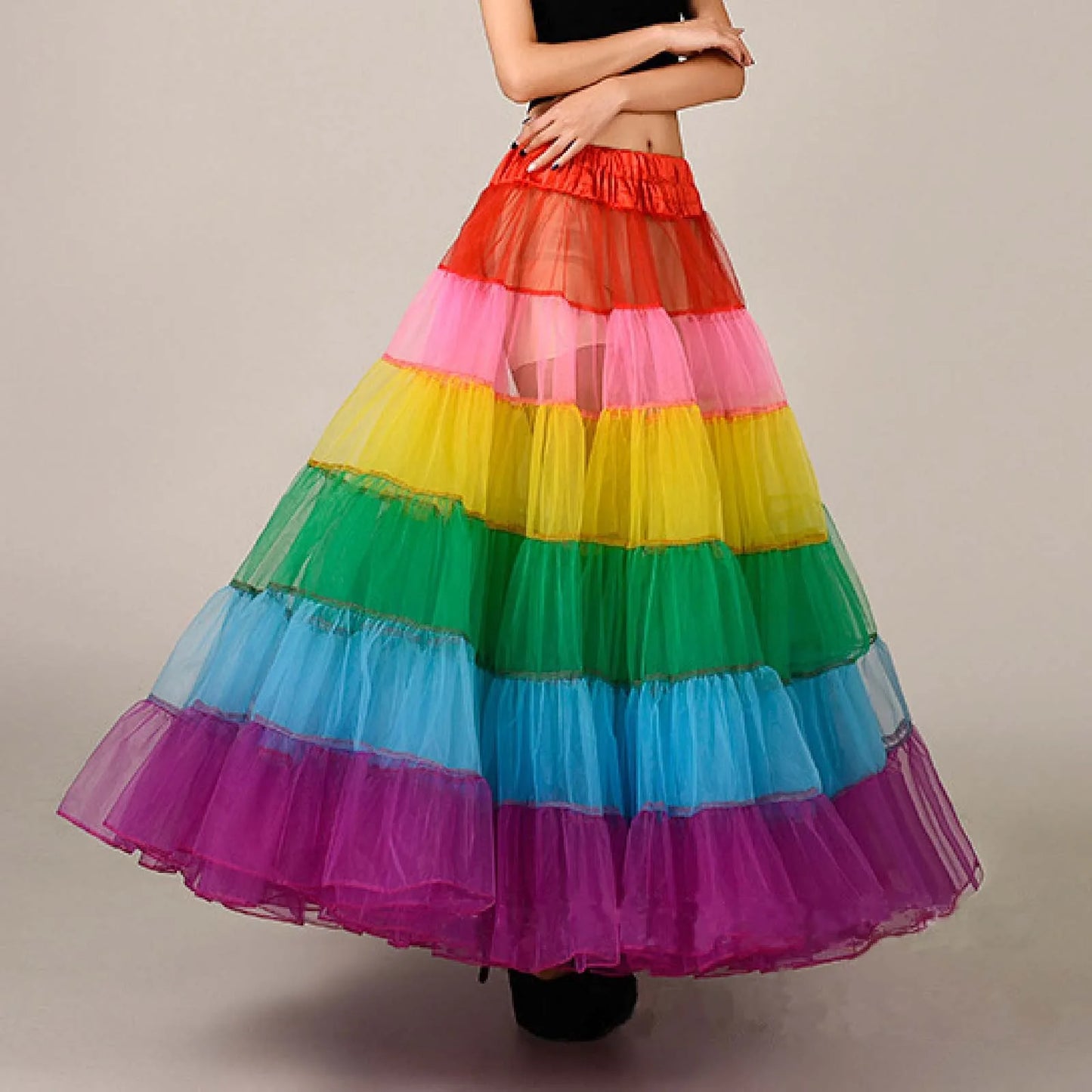 Rainbow Striped Print Oversized Multi-Layer Tulle Flared Big Swing Tutu Maxi Skirt