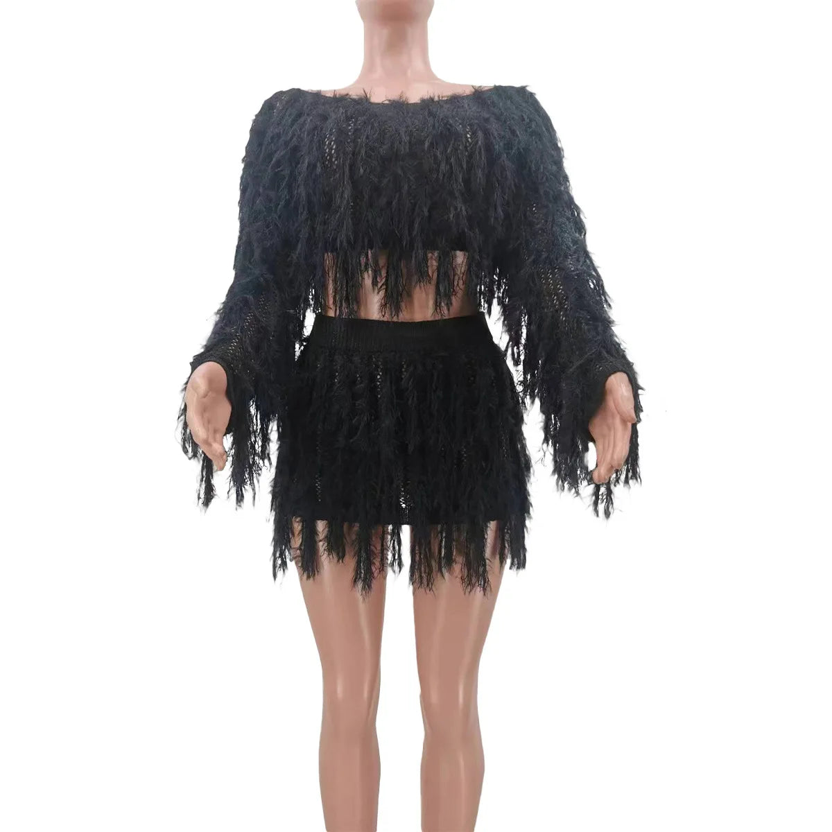 Tassel Fringe Women's Set Long Sleeve Knitted Crop Tops + Mini Skirt 2-Piece Piece Set