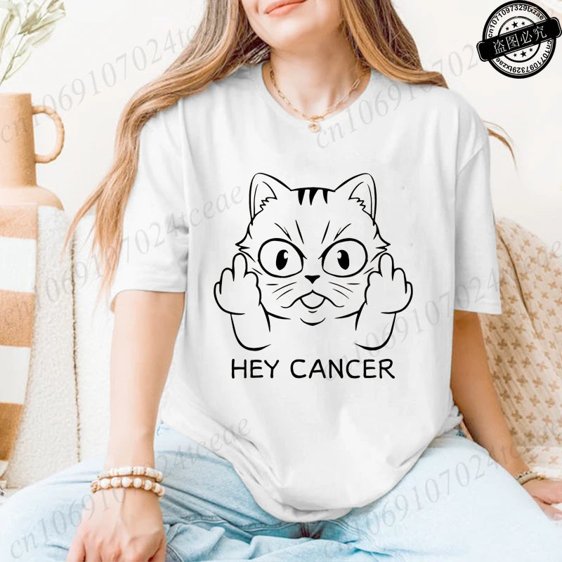 "Hey Cancer" 3D Cat Print Breast Cancer Awareness T-Shirt to 3X Plus Size