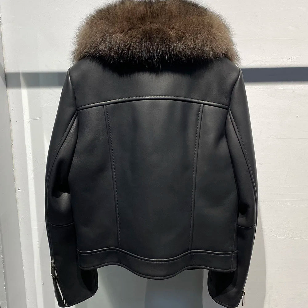 Fox Fur Collar Genuine Leather Women's Zipper Streetwear Jacket