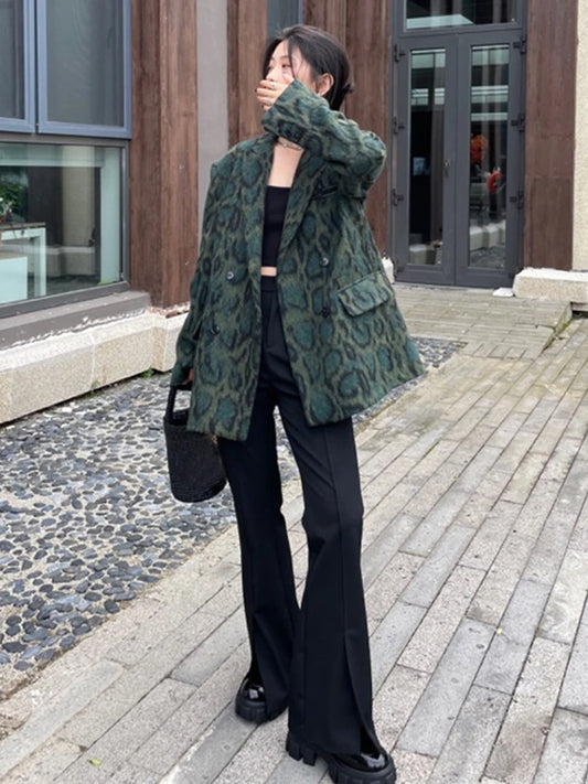 Green Leopard Print Notched Long Sleeve Temperament Colorblock Loose Women's Blazer