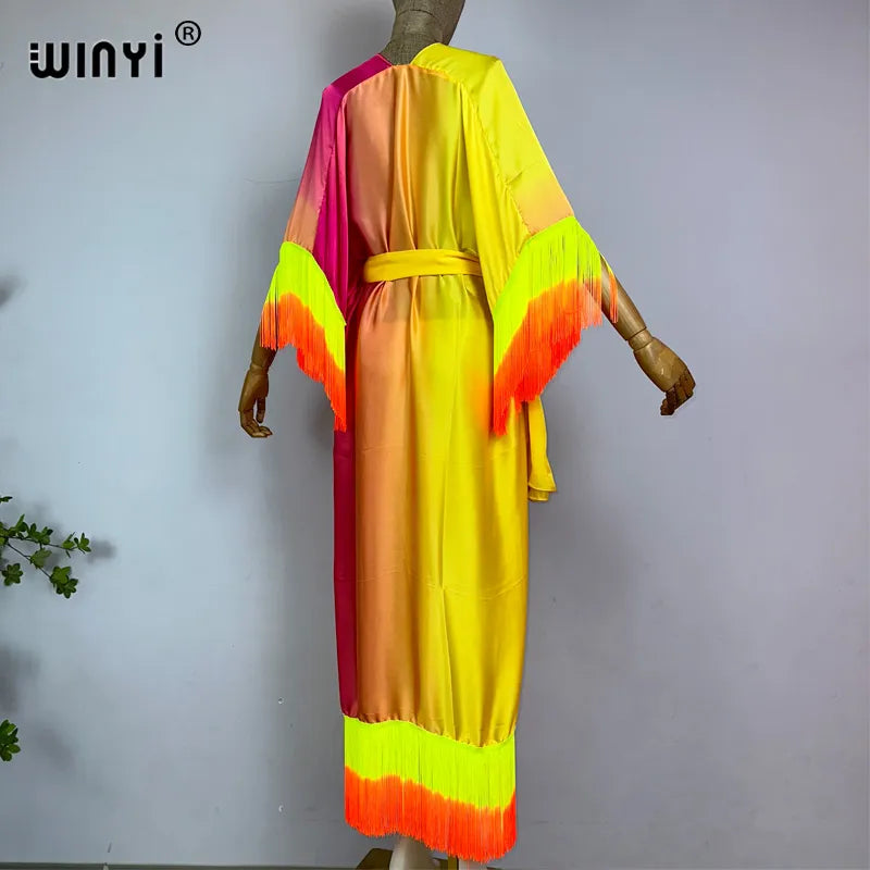 Colorblock Striped Oversized Gradual Fringe Printed Kimono Dress