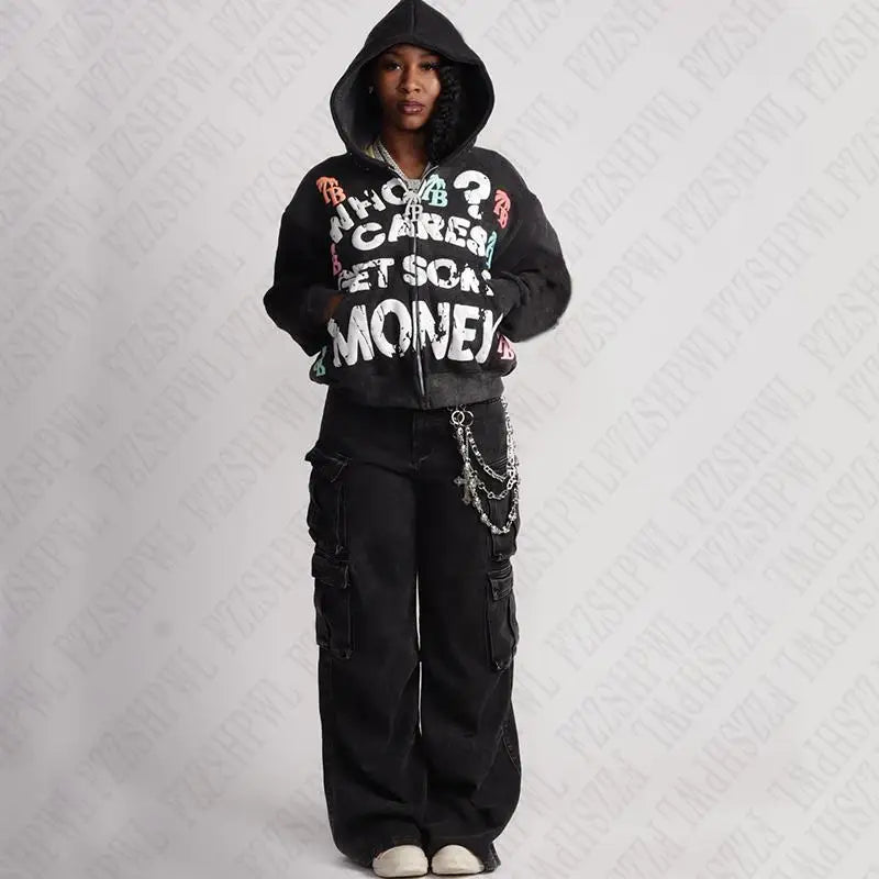 Retro "Who Cares Get Some Money" 3D Letter Print Graphic Streetwear Zipper Hoodie Sweatshirt